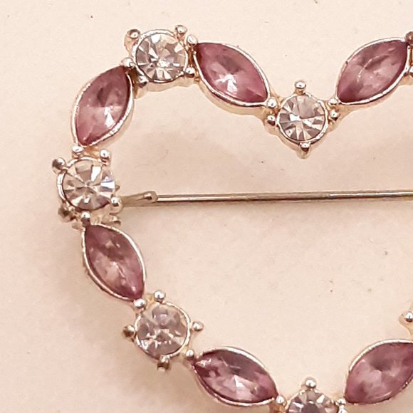 Pink and White Rhinestone Silver Tone Heart Brooch - Picture 2 of 7
